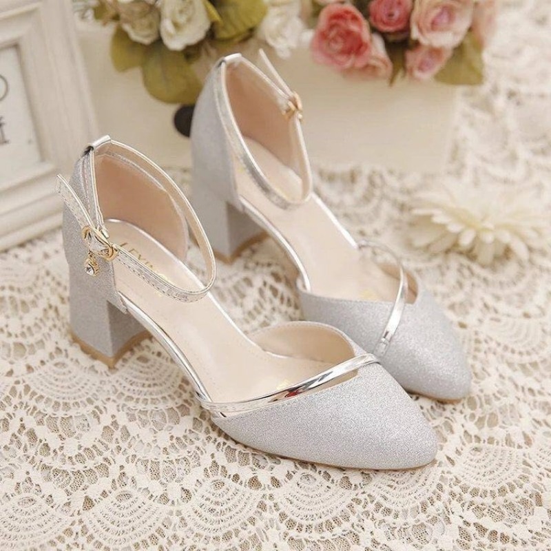 Ankle Strap Heels - Damskie brokatowe czółenka na masywnym obcasie
