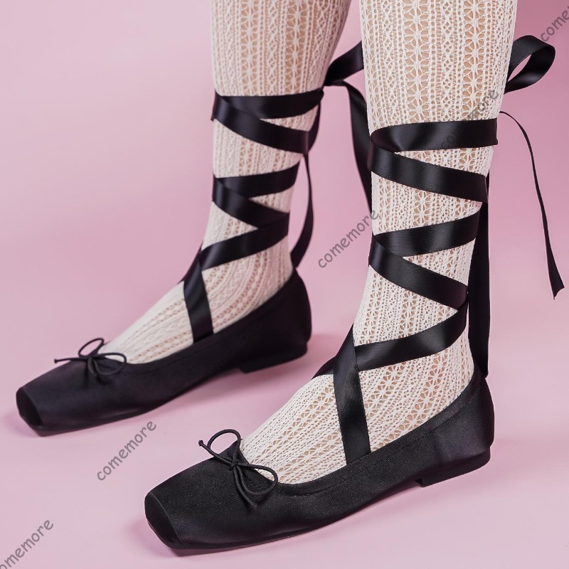 Shoes For Women Flats - Damskie baleriny z satynową wstążką, kwadratowy